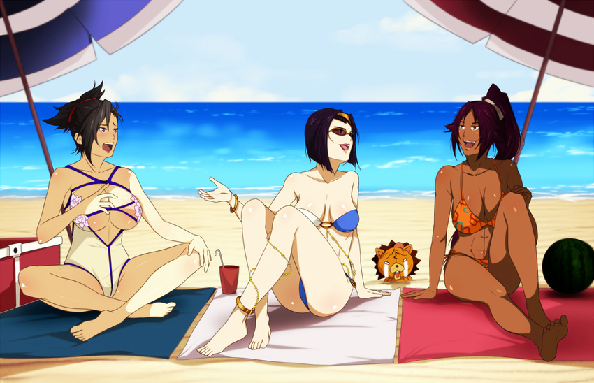 3girls :d abs bakuretsu_tenshi barefoot beach bikini black_hair bleach blue_eyes breasts cleavage cowboy_bebop crossover dark_skin faye_valentine feet indian_style kon large_breasts legs multiple_girls open_mouth outdoors ponytail purple_hair sand sbel02 sei_(bakuretsu_tenshi) shihouin_yoruichi sitting smile sunglasses swimsuit toes water yellow_eyes