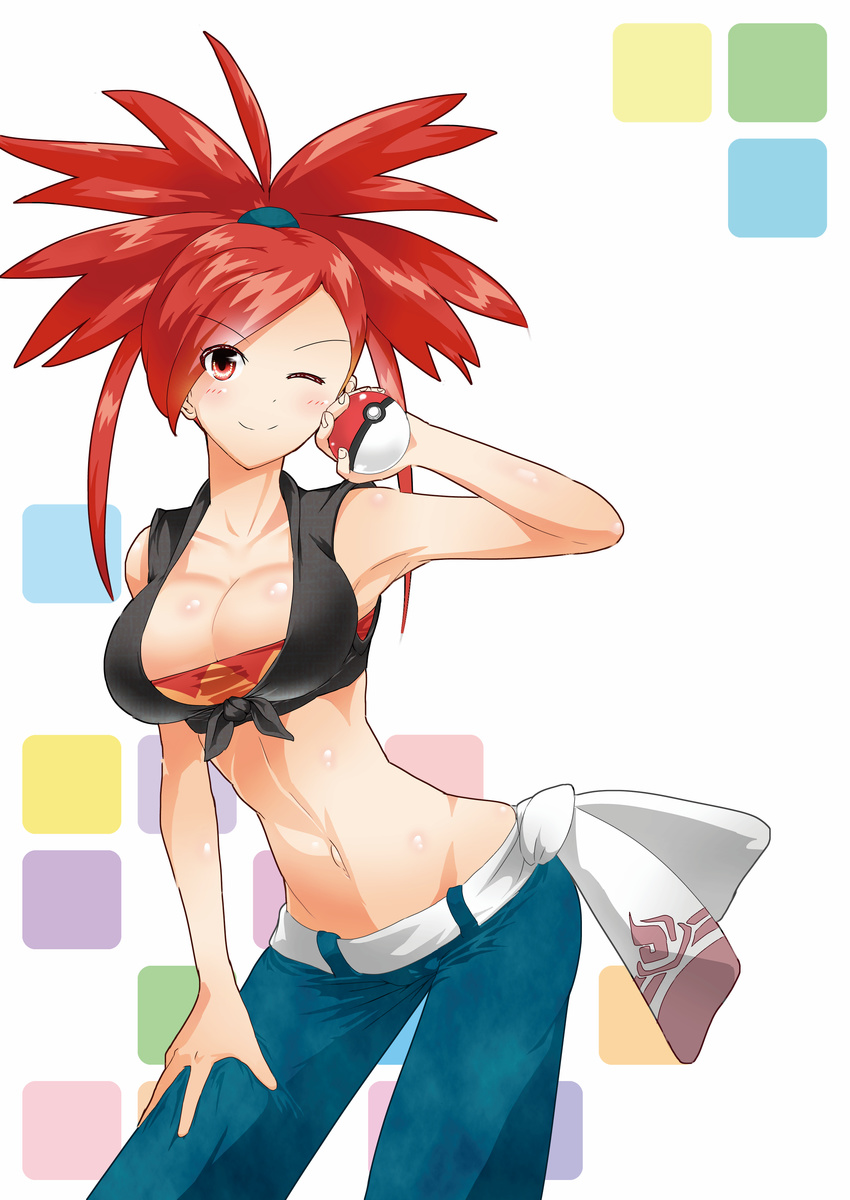 absurdres armpits asuna_(pokemon) blush breasts cleavage denim domoshipette gym_leader highres jeans large_breasts midriff navel one_eye_closed pants poke_ball poke_ball_(generic) pokemon pokemon_(game) pokemon_oras red_eyes red_hair smile solo