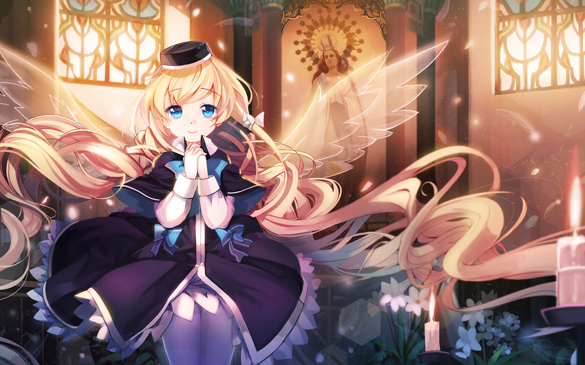 blonde_hair blue_eyes bow candle church fuyouchu hands_clasped hat highres long_hair looking_at_viewer magi_in_wanchin_basilica nun own_hands_together smile solo very_long_hair white_legwear xiao_ma