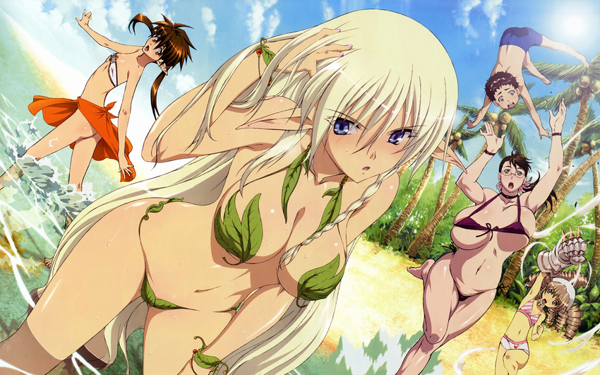 4girls absurdres age_difference alleyne_(queen's_blade) barefoot beach bikini blonde_hair blue_eyes blush braid breasts brown_hair cattleya child cleavage cloud drill_hair elf female flat_chest gigantic_breasts highres huge_breasts large_breasts leaf leaf_bikini long_hair megami milf miyazawa_tsutomu mother_and_son multiple_girls nowa official_art palm_tree pointy_ears ponytail queen's_blade queen's_blade rana short_hair silver_hair sky small_breasts swimsuit tree twintails very_long_hair water ymir_(queen's_blade)