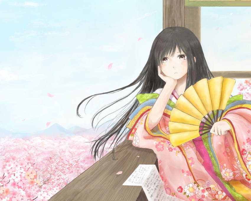 bangs black_hair blush cherry_blossoms day fan floral_print folding_fan hand_on_own_cheek head_rest highres holding holding_fan japanese_clothes kimono layered_clothing layered_kimono leaning_to_the_side long_hair long_sleeves looking_to_the_side original paper petals sky solo swept_bangs upper_body usamo_(xxxmo) wide_sleeves wind
