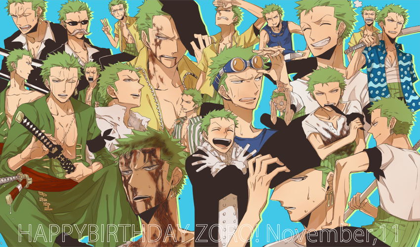 1boy 2014 bandage bandanna birthday blood chopsticks disguise dressrosa drum_island earrings east_blue eating enies_lobby fake_mustache food gloves goggles green_hair haramaki jacket jewelry multiple_persona one-eyed one_piece open_clothes open_shirt robe roronoa_zoro sabaody_archipelago scar shirt short_sleeves skypiea smile striped striped_shirt sunglasses sword t-shirt tank_top thriller_bark v weapon