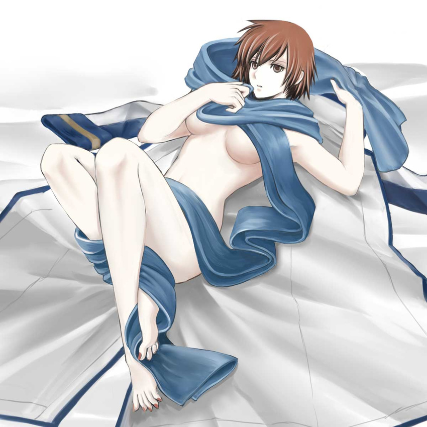 bangs barefoot borrowed_garments breasts brown_eyes brown_hair coat crossed_ankles highres knees_up looking_at_viewer lying medium_breasts meiko nail_polish naked_scarf nude on_back red_nails scarf short_hair solo swept_bangs tomo-graphy underboob vocaloid white_background