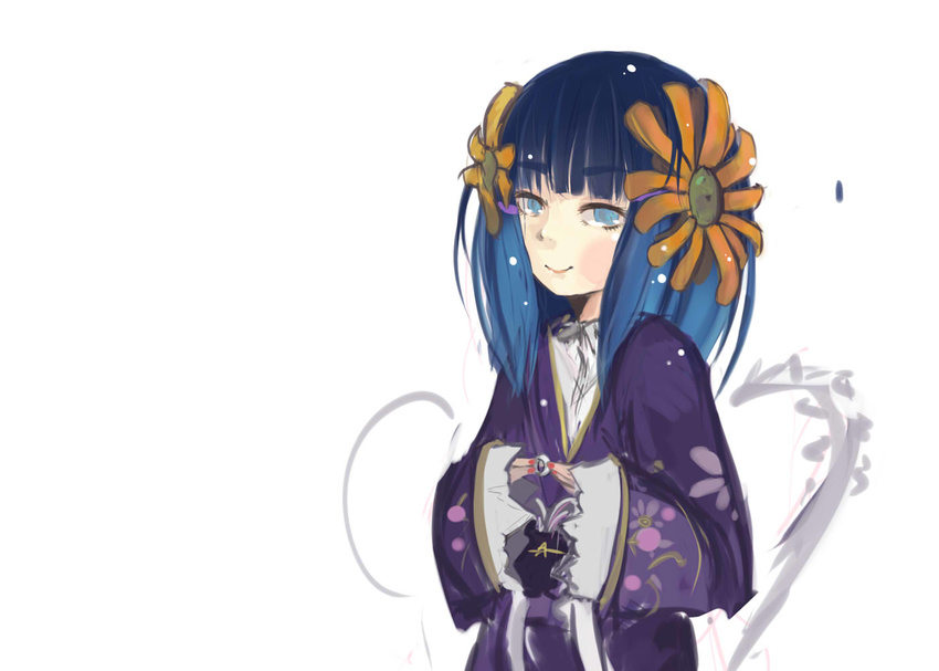 blue_eyes blue_hair chiyo_(fragile) flat_chest flower fragile:_sayonara_tsuki_no_haikyo hair_flower hair_ornament japanese_clothes kimono long_hair looking_at_viewer nail_polish panties_(pantsu-pirate) red_nails sleeves_past_wrists smile solo