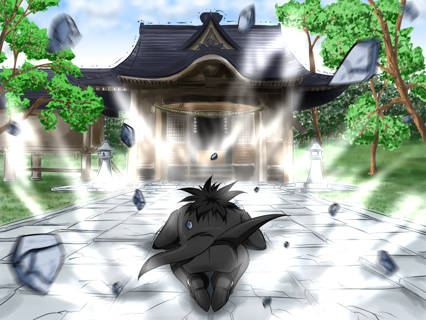 black_hair broly butler crossover dragon_ball dragon_ball_z hakurei_shrine long_hair ohoho shrine spiked_hair touhou