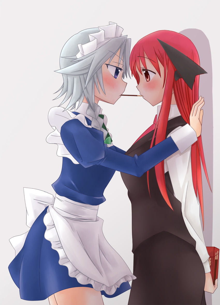 3692materia apron blush food head_wings highres izayoi_sakuya koakuma long_hair looking_at_another maid maid_headdress multiple_girls pocky pocky_kiss red_hair shared_food silver_hair touhou yuri