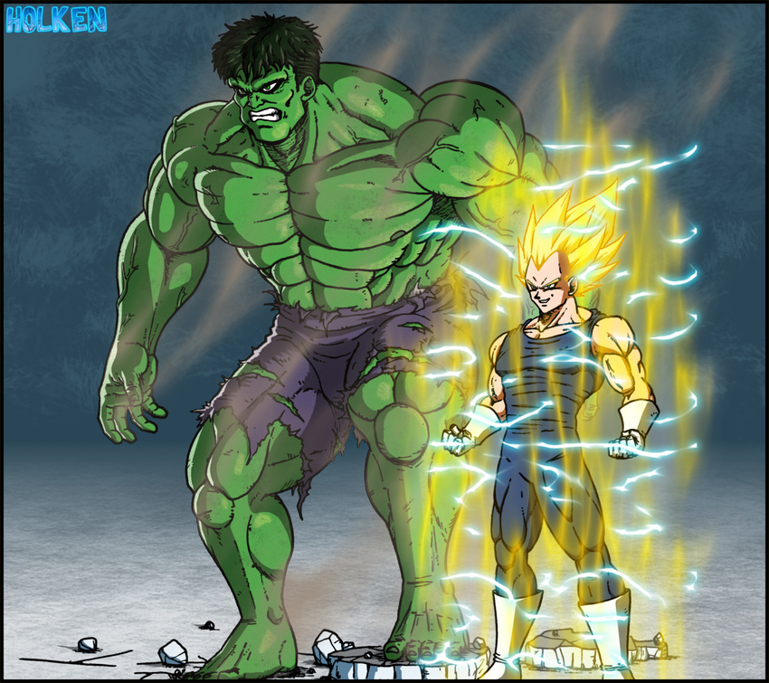 angry barefoot black_hair blonde_hair boots crossover dragon_ball dragon_ball_z electricity green_skin highres hulk marvel monster multiple_boys muscle shirtless super_saiyan super_saiyan_2 torn_clothes vegeta