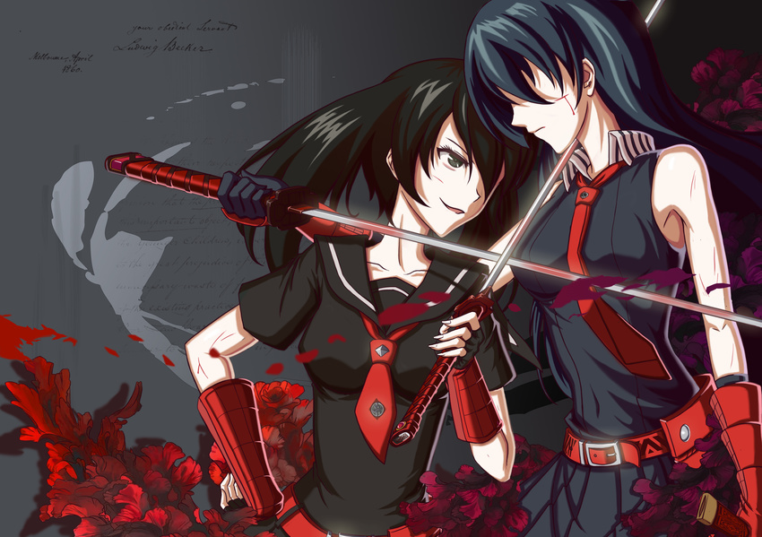 absurdres akame akame_ga_kill! belt black_hair blood brilliant_naraku flower gauntlets grey_eyes hair_over_one_eye highres katana kurome_(akame_ga_kill!) long_hair multiple_girls necktie scar short_hair siblings sisters sword text_focus weapon