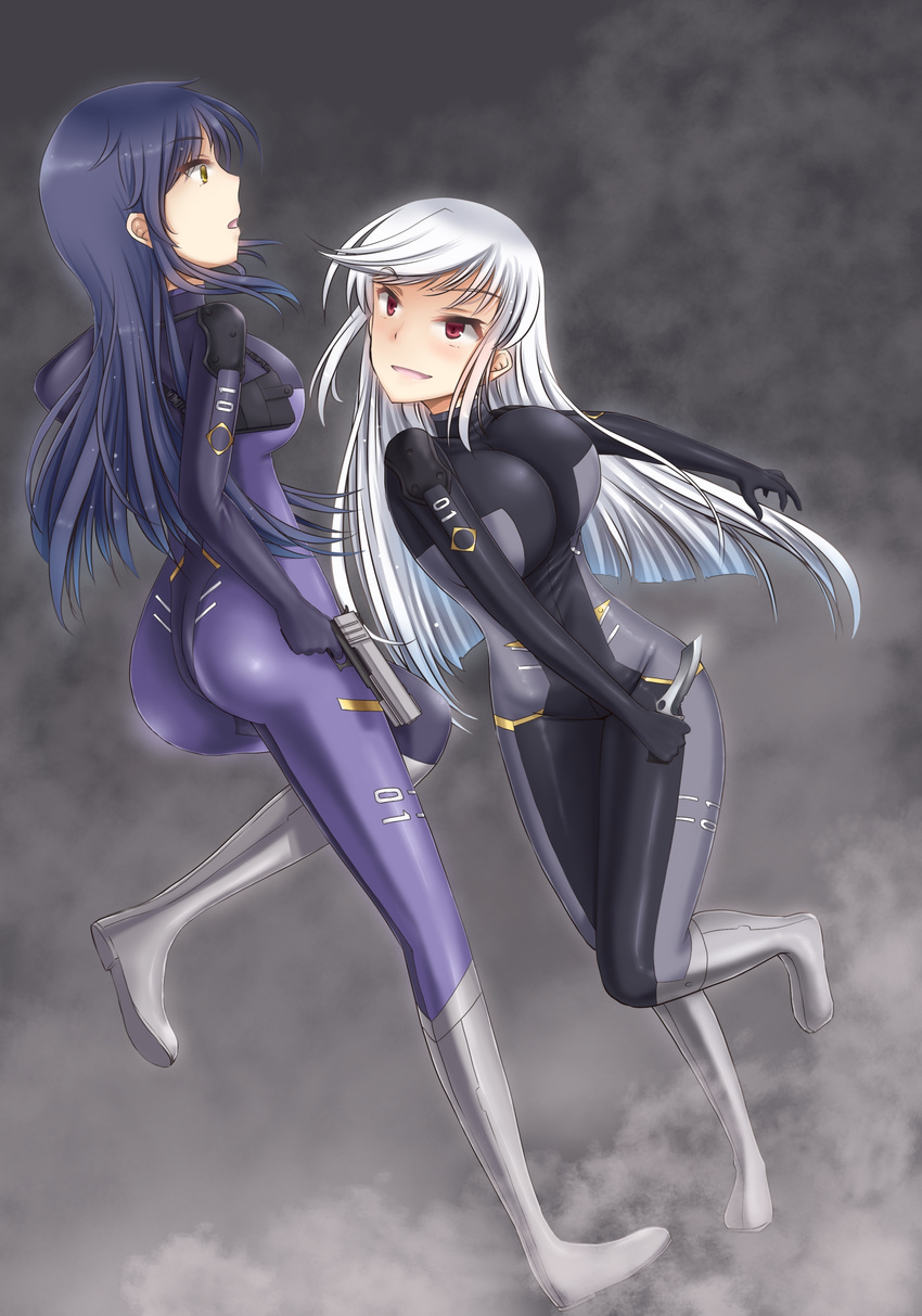 2girls ass attack blue_hair bodysuit boots breasts character_request female full_body gloves gun highres knife large_breasts long_hair multiple_girls open_mouth purple_eyes shaded_face sideboob silver_hair skin_tight smile source_request standing takaoka_nanase weapon yellow_eyes