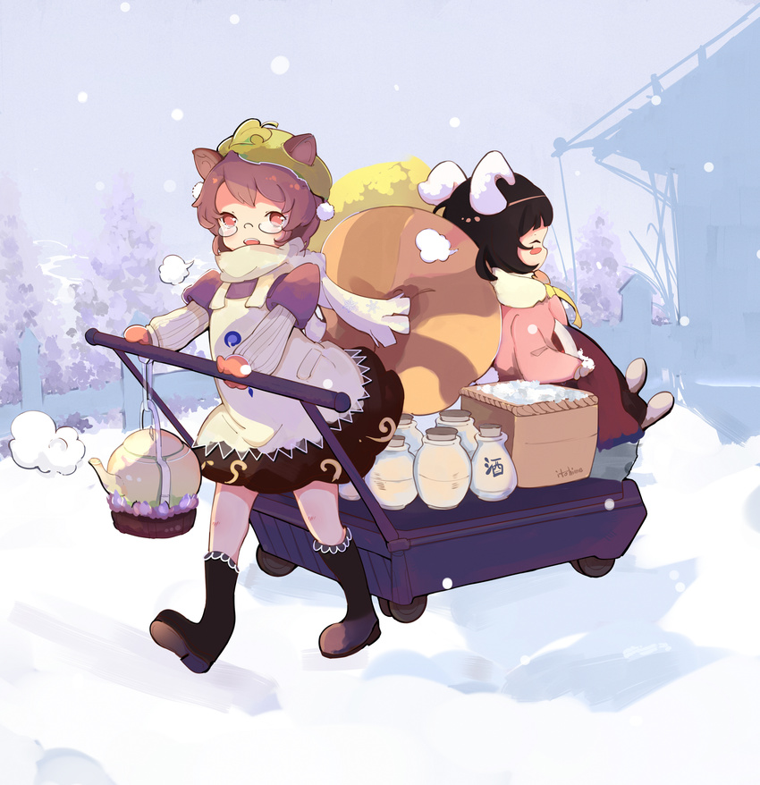absurdres animal_ears basket black_footwear black_hair blush_stickers boots breath brown_eyes brown_hair bunny_ears cart closed_eyes coat day dress futatsuiwa_mamizou glasses gourd hat highres house inaba_tewi itohime jar kettle leaf leaf_on_head long_sleeves mittens multiple_girls open_mouth outdoors platform_truck pulling raccoon_ears raccoon_tail scarf short_over_long_sleeves short_sleeves sitting sky smile snow snowing tail touhou tree walking winter winter_clothes