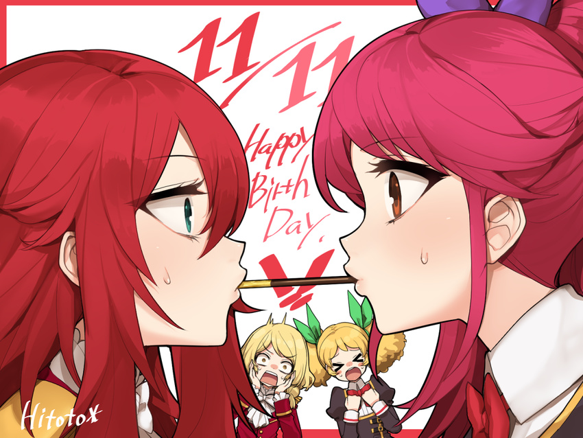 &gt;_&lt; aikatsu! aikatsu!_(series) blonde_hair blue_eyes blush closed_eyes crossover food hands_on_own_cheeks hands_on_own_face happy_birthday hitoto long_hair mouth_hold multiple_girls open_mouth otoshiro_seira pocky pocky_day pocky_kiss ponytail pretty_(series) pretty_rhythm pretty_rhythm_rainbow_live red_eyes red_hair renjouji_beru saegusa_kii shared_food signature surprised takanashi_otoha twintails