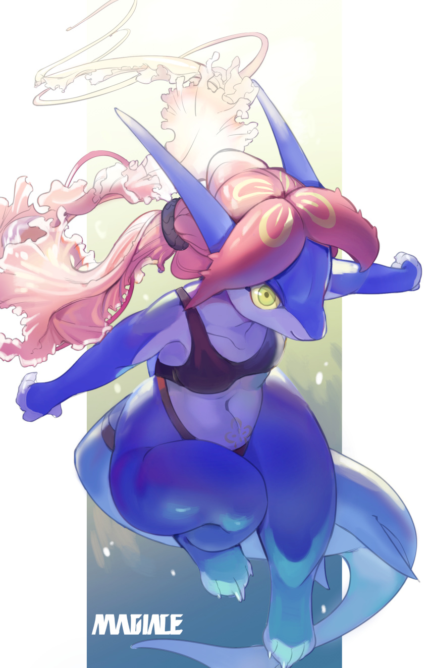2018 anthro aquatic_dragon bikini blue_scales breasts clothing countershading dragon female fin fish green_eyes hair hi_res horn magiace marine navel pink_hair scales scalie shark small_breasts solo swimming swimsuit tail_fin underwater water