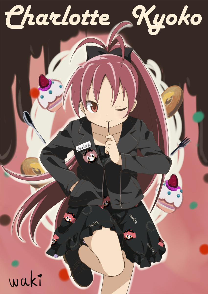 ankle_boots black_dress black_ribbon blazer boots character_name character_print charlotte_(madoka_magica) collarbone cowboy_shot cupcake dress eating food hair_ribbon highres jacket leg_up mahou_shoujo_madoka_magica name_tag neki_(wakiko) one_eye_closed pocky ponytail red_eyes red_hair ribbon sakura_kyouko smile solo spoon standing standing_on_one_leg text_focus