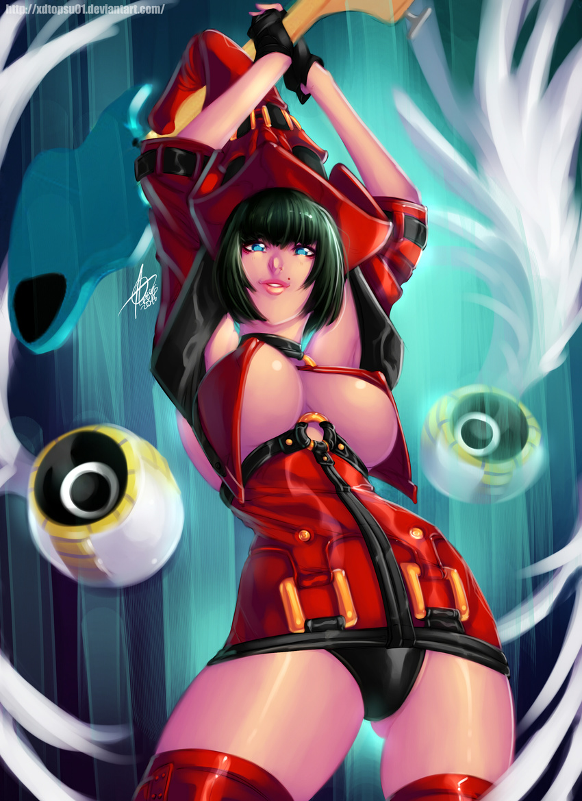 absurdres arms_up bangs bass_guitar black_hair black_panties blue_eyes bob_cut breasts bustier carlos_javier covered_nipples detached_sleeves fingerless_gloves gloves guilty_gear hat highres i-no instrument large_breasts lips lipstick makeup mole mole_above_mouth panties pantyshot pantyshot_(standing) red_hat red_legwear short_hair solo speaker standing thighhighs underboob underwear witch_hat