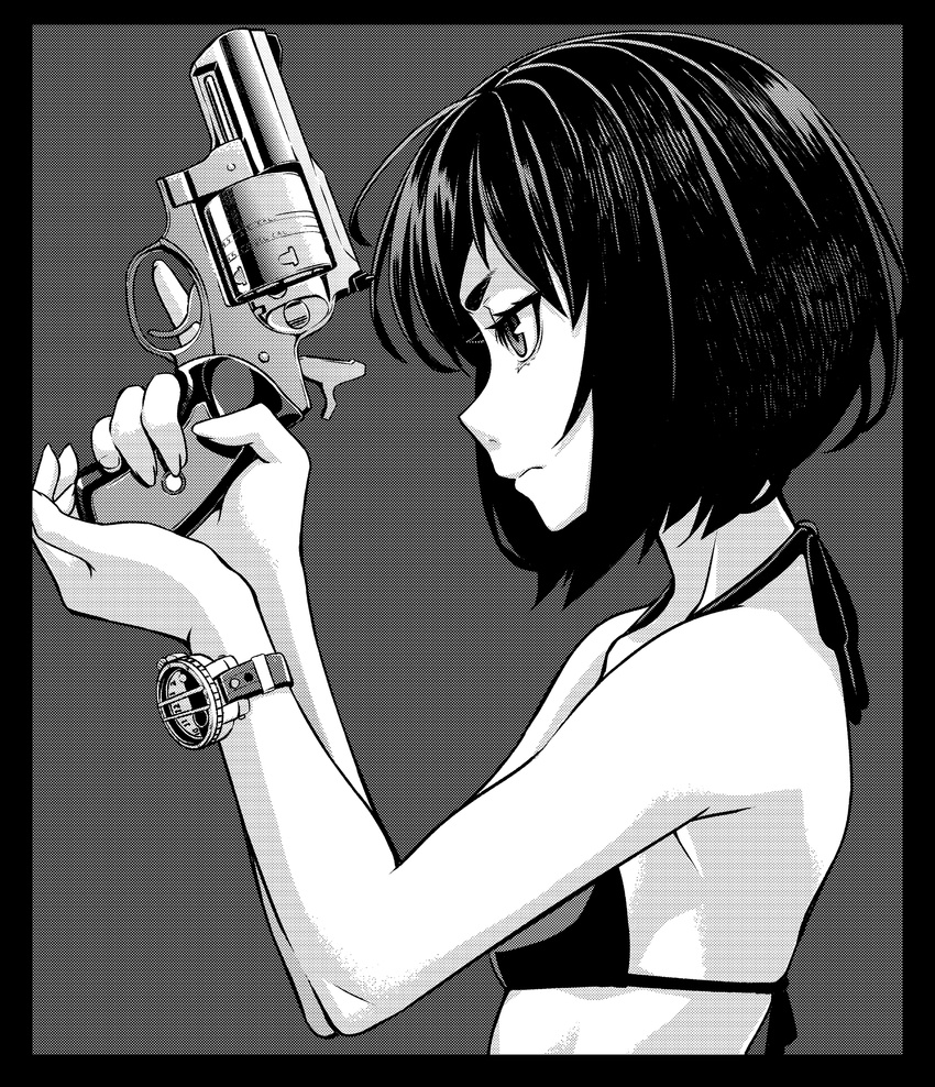 avatar_base bikini bob_cut cocked_hammer greyscale gun halftone halterneck hamada_youho handgun highres holding holding_gun holding_weapon monochrome original profile revolver ruger_redhawk short_hair solo swimsuit trigger_discipline upper_body watch weapon wristwatch