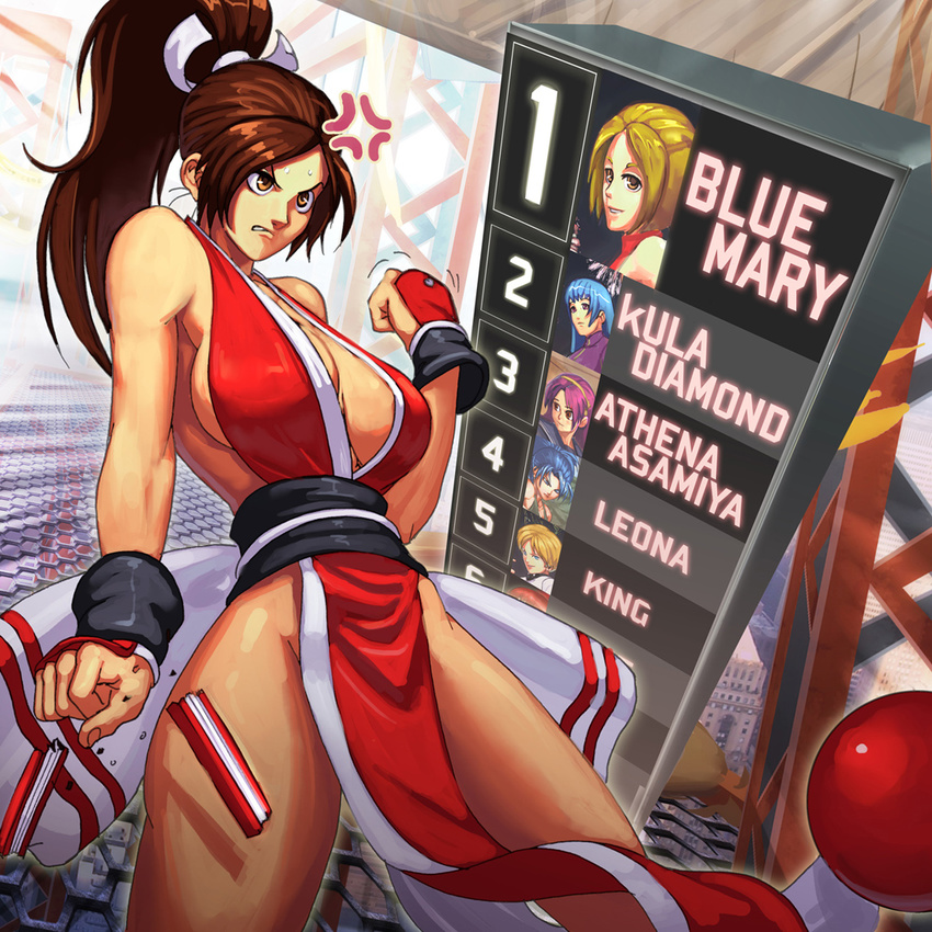 anger_vein angry armor asamiya_athena blue_mary breasts broken brolo brown_eyes brown_hair closed_fan fan folding_fan gameplay_mechanics hair_ribbon high_ponytail japanese_armor king_(snk) kote kula_diamond large_breasts leona_heidern long_hair ninja no_bra no_panties pelvic_curtain ribbon shiranui_mai sideboob solo_focus sweatdrop the_king_of_fighters