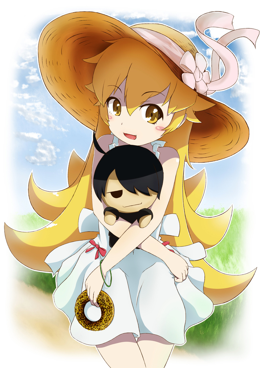 :d ahoge araragi_koyomi black_hair blonde_hair blush_stickers bow character_doll cloud cowboy_shot day doughnut dress fang food golden_chocolate grass hair_over_one_eye hat highres holding holding_food long_hair looking_at_viewer monogatari_(series) nisemonogatari object_hug open_mouth oshino_shinobu outdoors outline ribbon short_hair shumashi smile sun_hat sundress thigh_gap very_long_hair white_dress yellow_eyes