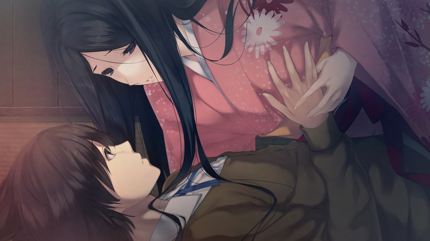 1girl assertive bow bowtie breast_grab couple eye_contact game_cg girl_on_top grabbing guided_breast_grab hetero hinagami_ayato innocent_grey japanese_clothes kara_no_shoujo_2 long_hair looking_at_another lying satsuki_(kara_no_shoujo) shigusa_ayako short_hair sugina_miki sweater very_long_hair younger