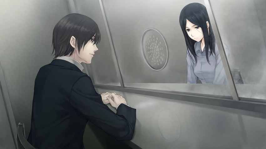 1girl bad_end black_hair eye_contact game_cg hinagami_ayato innocent_grey jacket kara_no_shoujo_2 kayahara_fuyumi long_hair looking_at_another masaki_tomoyuki prison shigusa_ayako short_hair sitting smile sugina_miki sweater turtleneck