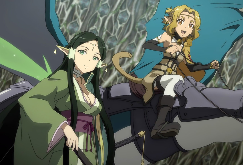 2girls a-1_pictures alicia_rue blonde_hair boots breasts cleavage dragon elf green_eyes green_hair multiple_girls sakuya_(sao) screen_capture sword_art_online yellow_eyes