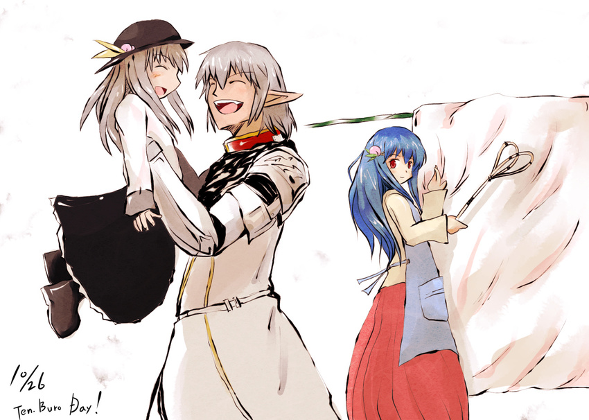 2girls armor blue_hair buronko buront comforter crossover dress family father_and_daughter final_fantasy final_fantasy_xi food fruit happy hat hinanawi_tenshi laundry lifting_person long_hair motherly multiple_girls open_mouth peach red_eyes short_hair silver_hair smile the_iron_of_yin_and_yang touhou