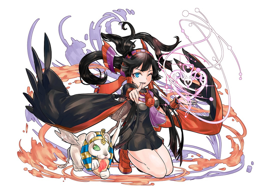 ;d animal black_dress black_hair blue_eyes bracer dress egyptian eyeshadow food headdress jelly jewelry kei_(keiclear) knees_together_feet_apart lion long_hair makeup nephthys_(p&amp;d) one_eye_closed open_mouth pointing ponytail puzzle_&amp;_dragons simple_background smile solo toast white_background
