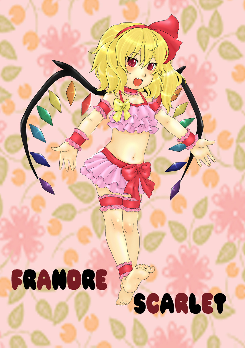 ankle_cuffs ankle_garter barefoot bikini bracelet character_name fang feet flandre_scarlet flat_chest garters hands highres jewelry outstretched_arms smile soles solo swimsuit takano_kiriko touhou wings wrist_cuffs