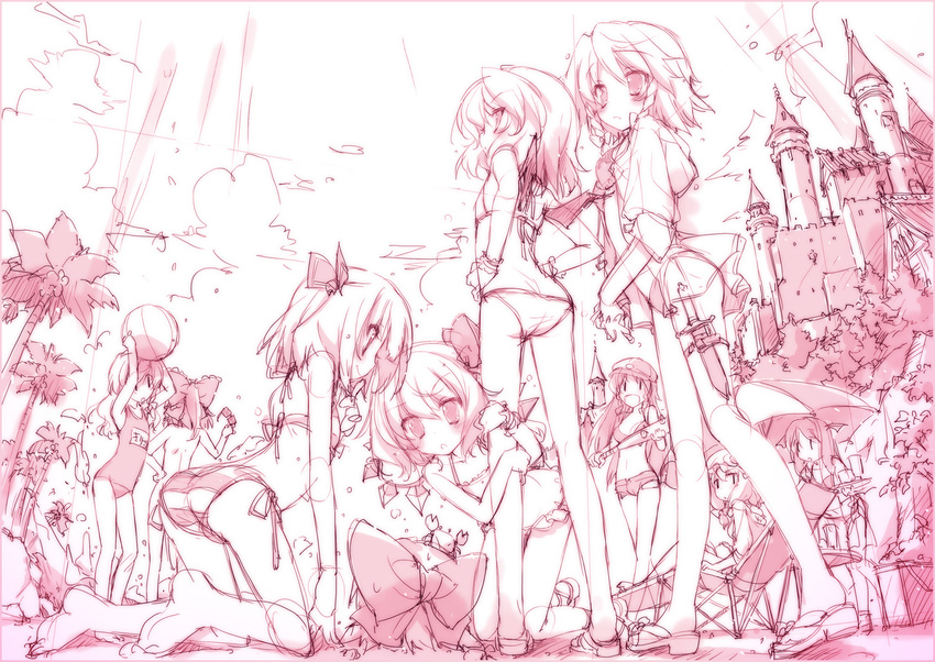 :d ass ball barefoot baseball_bat beach_umbrella beachball bikini bow braid castle chair cirno crab flandre_scarlet glasses gotou_nao hair_bow hakurei_reimu hands_on_hips holding holding_eyewear hong_meiling izayoi_sakuya kirisame_marisa knife koakuma leg_grab legs lounge_chair monochrome multiple_girls nude one-piece_swimsuit open_mouth palm_tree patchouli_knowledge pink ponytail remilia_scarlet rumia scarlet_devil_mansion school_swimsuit side-tie_bikini side_braid sketch smile sunglasses swimsuit the_embodiment_of_scarlet_devil thigh_strap touhou tree umbrella |_|