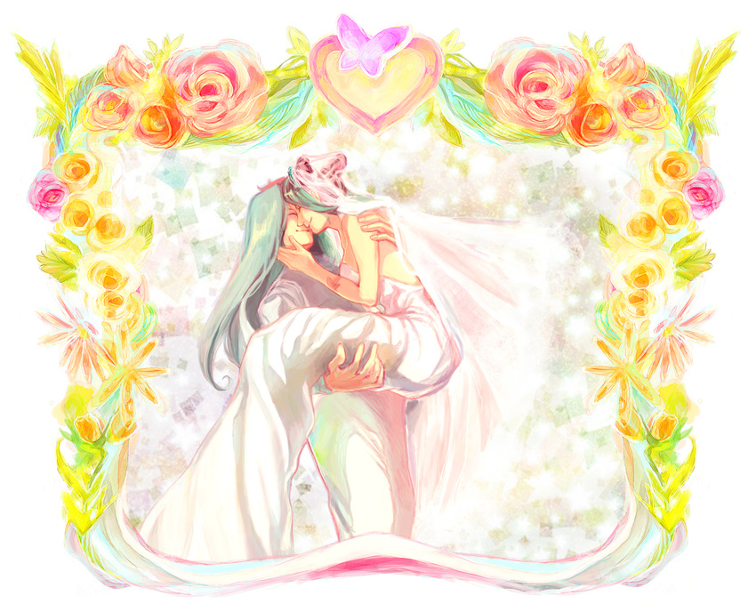 1girl aqua_hair bad_id bad_pixiv_id blue_hair bridal_veil bride bug butterfly carrying closed_eyes double_bun dress flower happy highres insect iu jojo_no_kimyou_na_bouken kuujou_jolyne narciso_anasui stone_ocean tattoo veil wedding wedding_dress