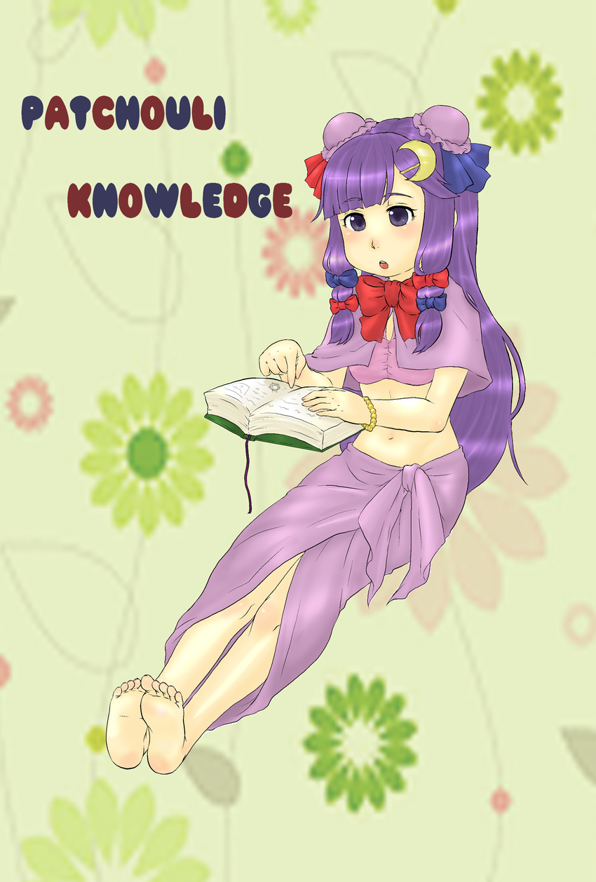 absurdres alternate_costume alternate_hairstyle barefoot book bracelet crescent double_bun feet hair_ribbon hands highres jewelry midriff patchouli_knowledge ribbon soles solo takano_kiriko toes touhou