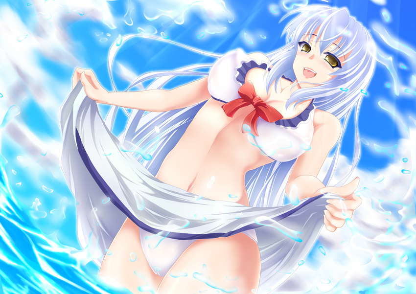 bikini breasts cloud day frilled_bikini frills front-tie_top highres kamishirasawa_keine large_breasts light_rays lips long_hair looking_at_viewer md5_mismatch negamaro open_mouth sarong sarong_lift silver_hair skirt skirt_lift sky smile solo sunbeam sunlight swimsuit touhou wading water white_sarong yellow_eyes