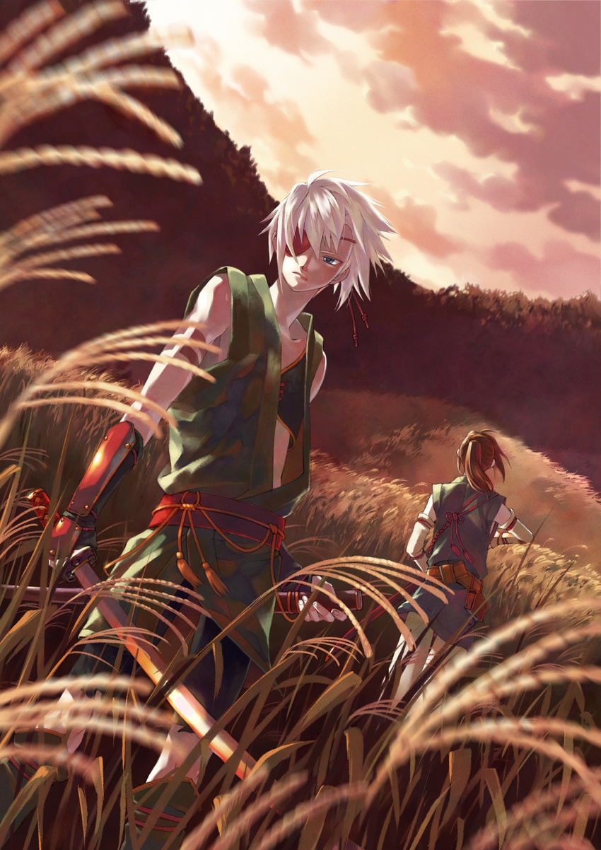 armor blue_eyes boots brown_hair cloud detached_sleeves eyepatch field highres male_focus minami_seira multiple_boys nature original ponytail sky sword weapon wheat white_hair