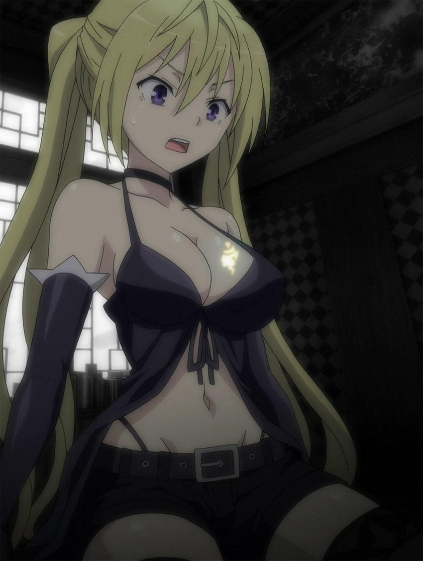 1girl bent_knees blonde_hair boots breasts choker cleavage elbow_gloves gloves indoors large_breasts lieselotte_sherlock long_hair looking_down midriff navel open_mouth purple_eyes screencap shorts sitting sitting_on_floor thigh_boots thighhighs trinity_seven twintails window