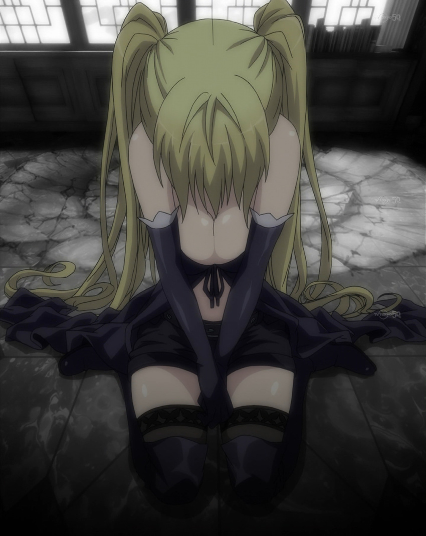 1girl bent_knees blonde_hair boots breasts choker cleavage elbow_gloves fishnet_legwear fishnets gloves indoors large_breasts lieselotte_sherlock long_hair looking_down midriff navel purple_eyes screencap seiza sitting sitting_on_floor thigh_boots thighhighs thighs trinity_seven twintails v_arms window