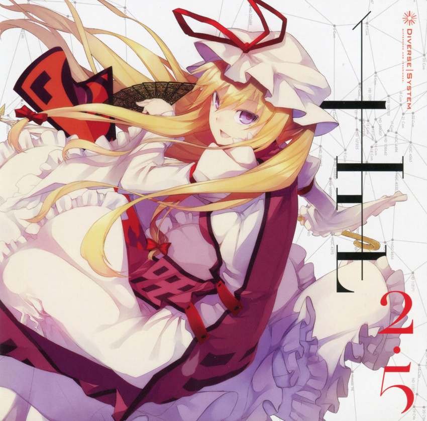 absurdres album_cover back blonde_hair bow cover dress fan folding_fan frilled_dress frills hair_bow hair_ornament hat hat_bow highres long_hair long_sleeves looking_at_viewer looking_back mob_cap open_mouth parasol puffy_sleeves purple_eyes scan shingo_(missing_link) smile solo tabard text_focus touhou umbrella white_dress wide_sleeves yakumo_yukari