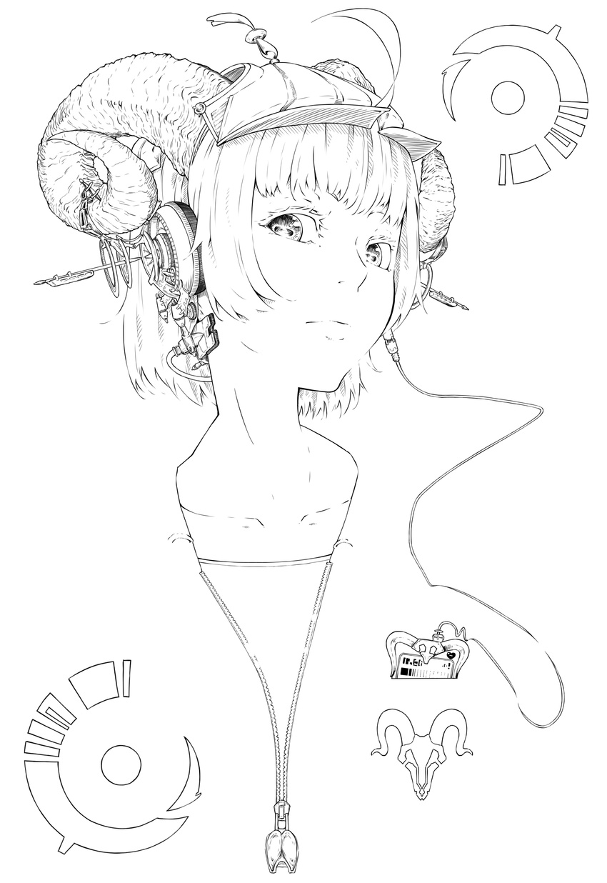 absurdres bangs closed_mouth greyscale hat headphones highres horizontal_pupils horns jaco lineart logo looking_at_viewer media_player monochrome original portrait short_hair simple_background solo white_background