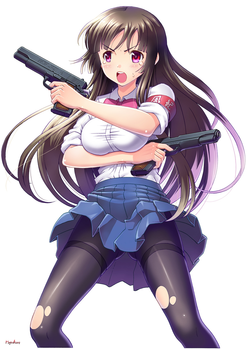 :o armband blush bow brown_hair cocked_hammer dual_wielding gun handgun highres holding long_hair m1911 number10_(hagakure) open_mouth original pantyhose pink_eyes school_uniform shirt signature skirt solo taut_clothes taut_shirt tears thighband_pantyhose torn_clothes torn_legwear very_long_hair weapon white_background