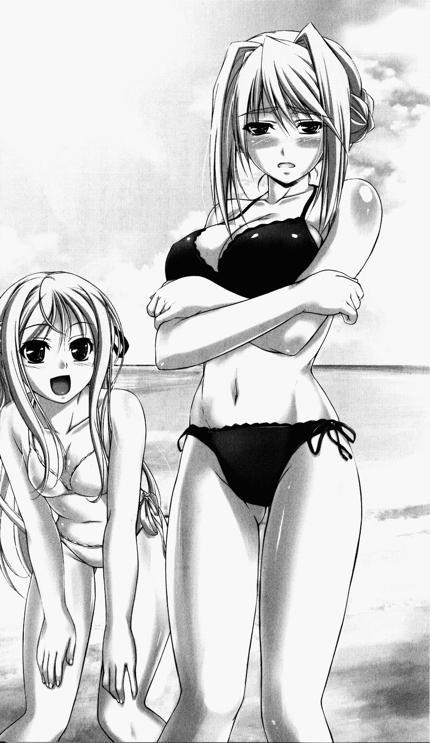 2girls age_difference bikini blonde_hair blush breasts casual_one-piece_swimsuit cleavage collarbone large_breasts maria_van_hossen monochrome multiple_girls navel one-piece_swimsuit open_mouth princess_lover ribbon siblings side-tie_bikini silvia_van_hossen sisters sky swimsuit