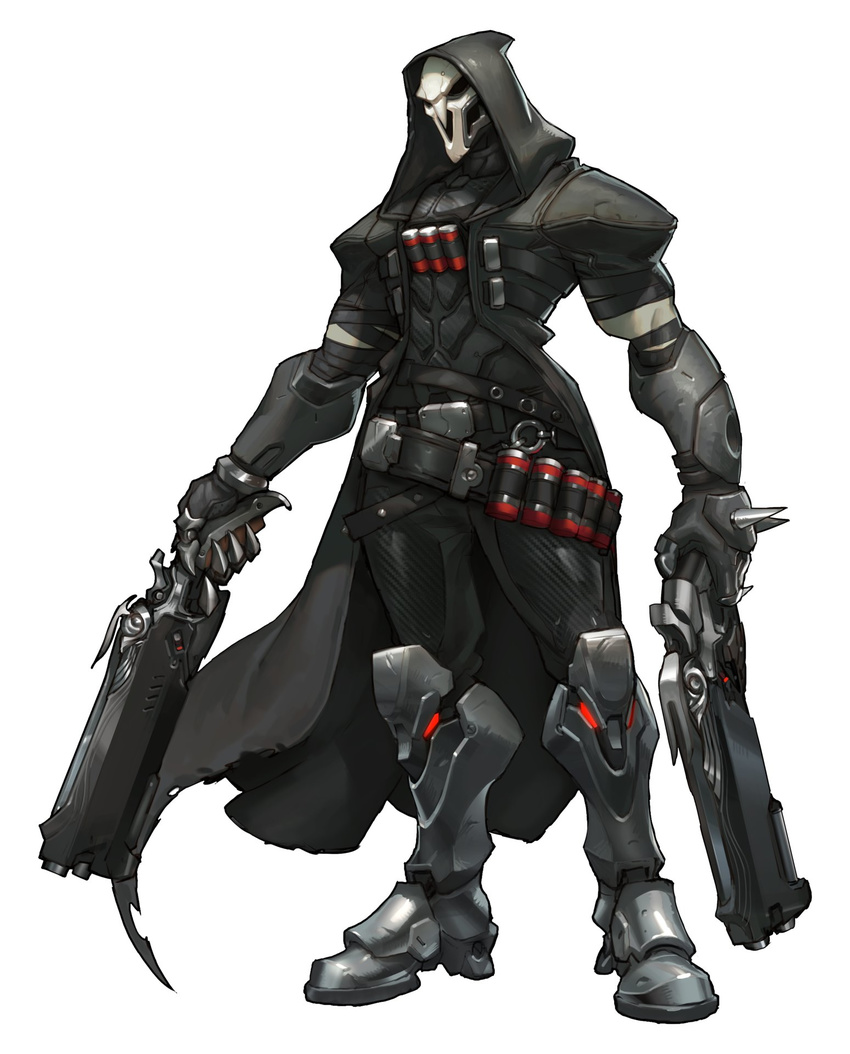 bandolier boots gun highres hood mask no_humans official_art overwatch reaper_(overwatch) shotgun trench_coat weapon