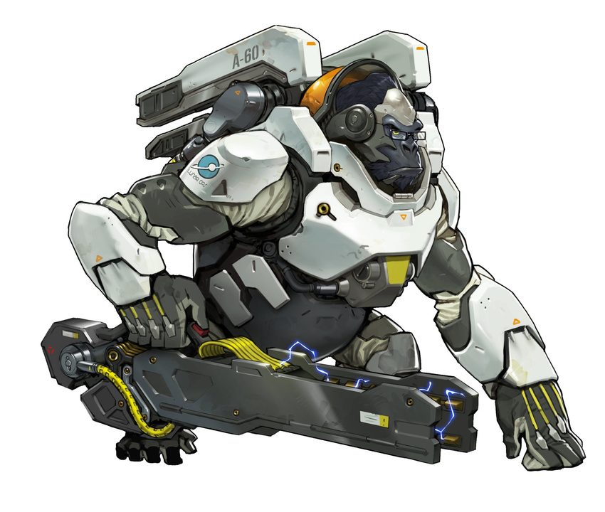 arnold_tsang glasses gorilla highres jetpack no_humans official_art overwatch weapon winston_(overwatch)