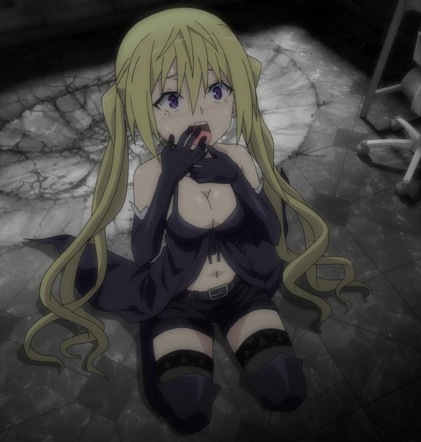 1girl bent_knees blonde_hair boots breasts choker cleavage elbow_gloves fishnet_legwear fishnets gloves hands_on_own_face indoors lieselotte_sherlock long_hair looking_up midriff navel open_mouth purple_eyes screencap shorts sitting sitting_on_floor tears thigh_boots thighhighs trinity_seven twintails