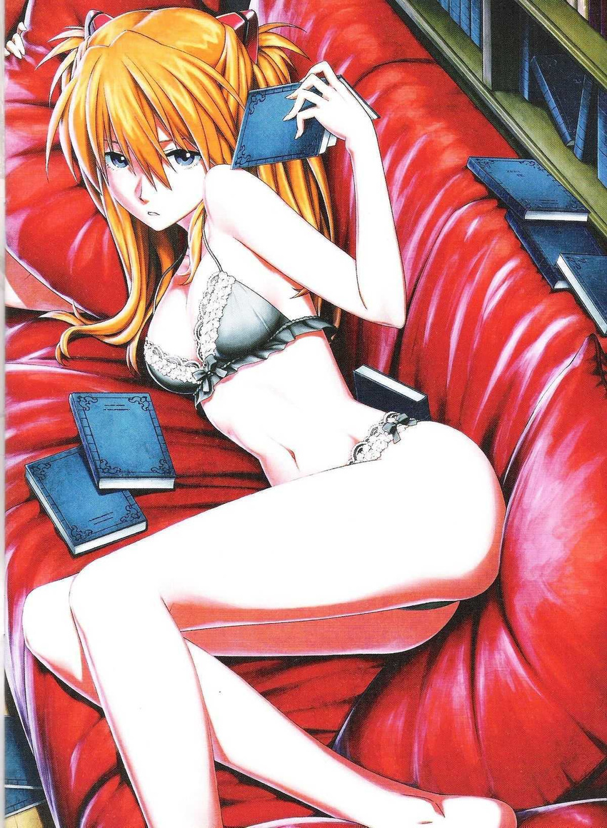 :o aoi_subaru bare_legs black_bra black_panties blue_eyes book bookshelf bow bow_bra bra breasts cleavage couch frilled_bra frilled_panties frills hair_ornament highres indoors lace lace-trimmed_bra lace-trimmed_panties lingerie long_hair long_legs looking_at_viewer lying medium_breasts midriff navel neon_genesis_evangelion on_couch open_mouth orange_hair panties parted_lips pillow red_leather scan solo souryuu_asuka_langley thighs underwear underwear_only