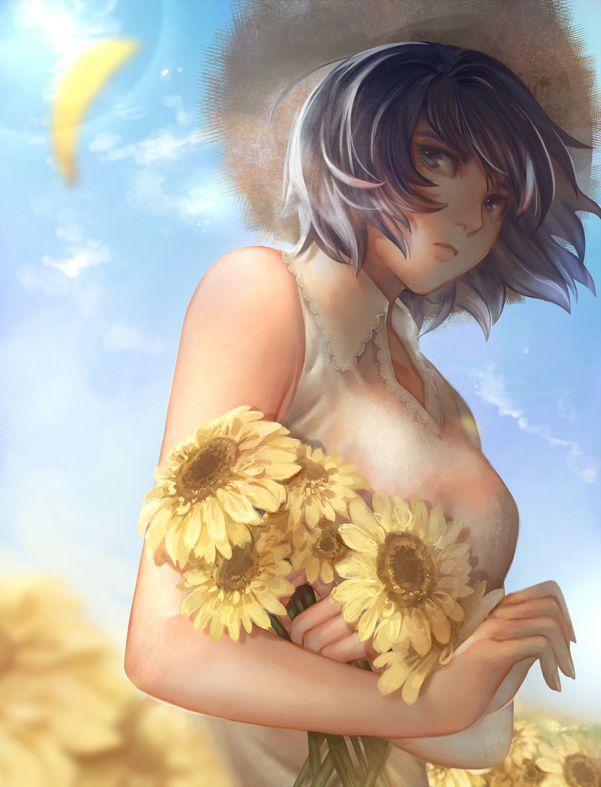 allenkung1 black_hair blue_eyes flower hat highres kill_la_kill kiryuuin_satsuki lips short_hair solo spoilers sun sun_hat sunflower upper_body