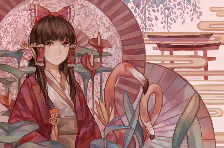 alternate_costume anthurium bird bird_of_paradise bow brown_hair egasumi flamingo flower hair_bow hair_tubes hakurei_reimu highres japanese_clothes kimono md5_mismatch norizc obi red_eyes sash solo torii touhou wisteria