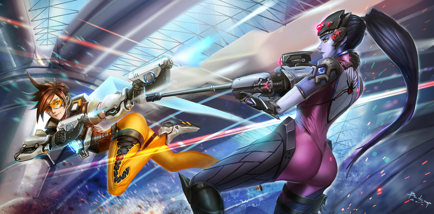 ass back_tattoo backless_outfit badcompzero bodysuit brown_hair dual_wielding goggles gun handgun head_mounted_display highres holding legs long_hair multiple_girls orange_bodysuit overwatch pink_bodysuit pistol ponytail purple_hair rifle short_hair smile sniper_rifle spider_tattoo tattoo thighs tracer_(overwatch) visor weapon widowmaker_(overwatch) yellow_eyes