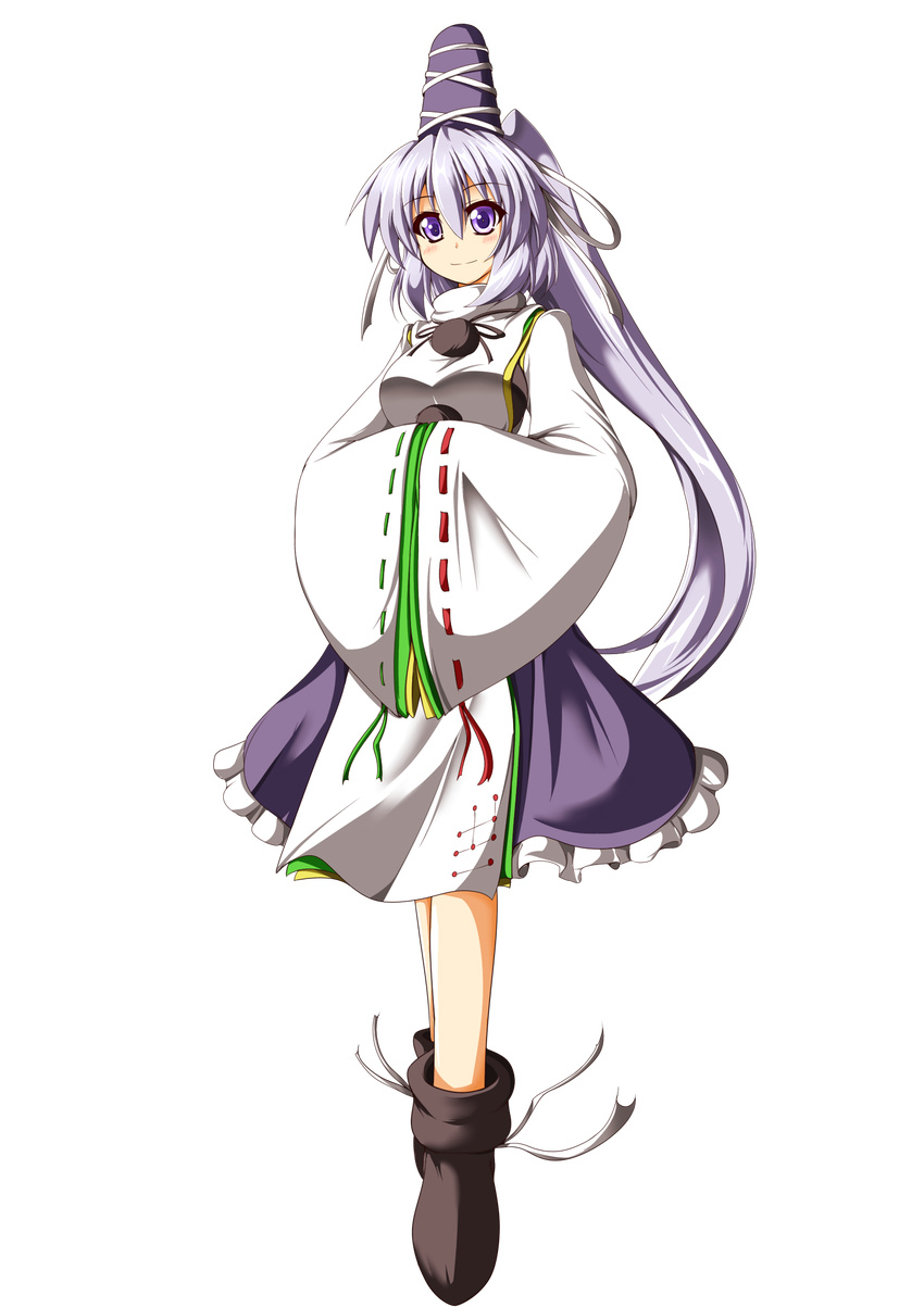 blush full_body hagami495 hands_in_opposite_sleeves hat highres japanese_clothes kariginu long_hair long_sleeves looking_at_viewer mononobe_no_futo ponytail purple_hair ribbon shoes silver_hair skirt smile solo tate_eboshi touhou transparent_background very_long_hair wide_sleeves