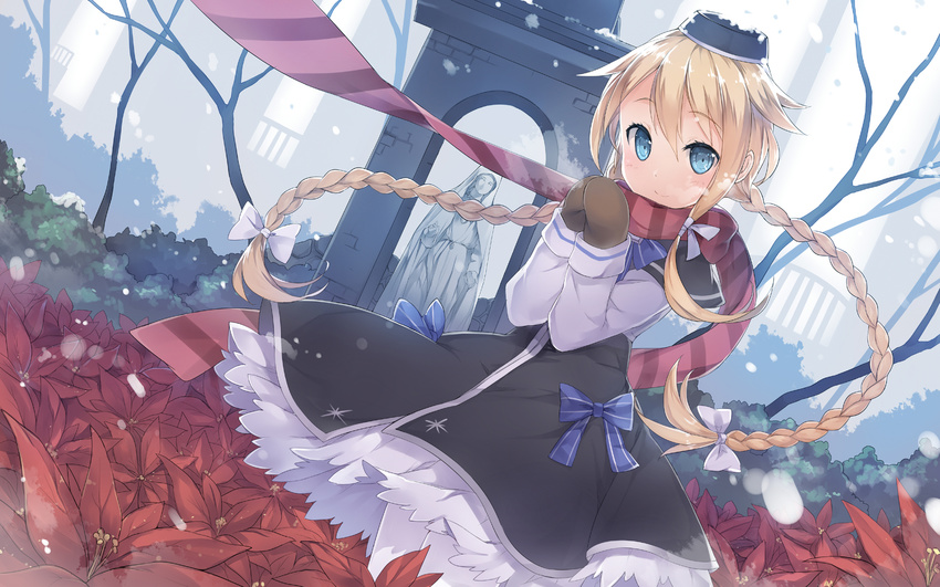 blonde_hair blue_eyes bow braid dutch_angle field flower flower_field fred04142 hair_bow hair_ribbon hat highres long_hair looking_at_viewer magi_in_wanchin_basilica mittens ribbon scarf smile snowing solo steam twin_braids twintails very_long_hair wind xiao_ma