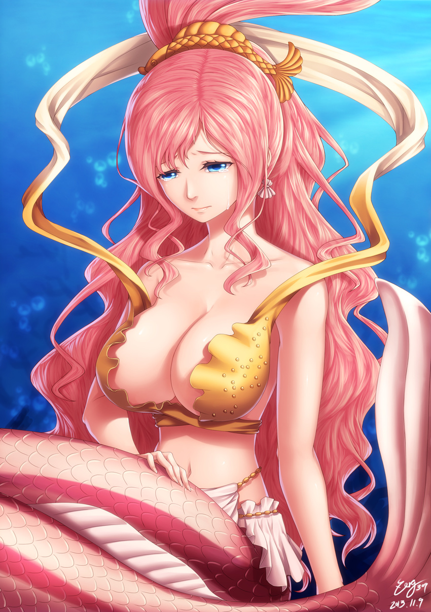 2013 blue_eyes breasts bubble cleavage collarbone crying crying_with_eyes_open dated earrings hair_ornament hairclip highres jewelry large_breasts long_hair mermaid monster_girl navel one_piece pink_hair princess sad scales seashell_earrings shirahoshi signature solo streaming_tears striped_tail tail tears underwater very_long_hair zerg309