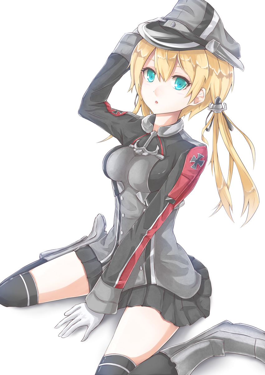 \||/ absurdres anchor_hair_ornament aqua_eyes black_legwear black_skirt blonde_hair breasts gloves hair_ornament hand_on_headwear hat highres iron_cross kantai_collection long_sleeves medium_breasts microskirt military military_uniform open_mouth over-kneehighs peaked_cap pleated_skirt prinz_eugen_(kantai_collection) simple_background sitting skirt solo thighhighs twintails uniform wariza white_background white_gloves yomi_(yomi14_pyaon) zettai_ryouiki