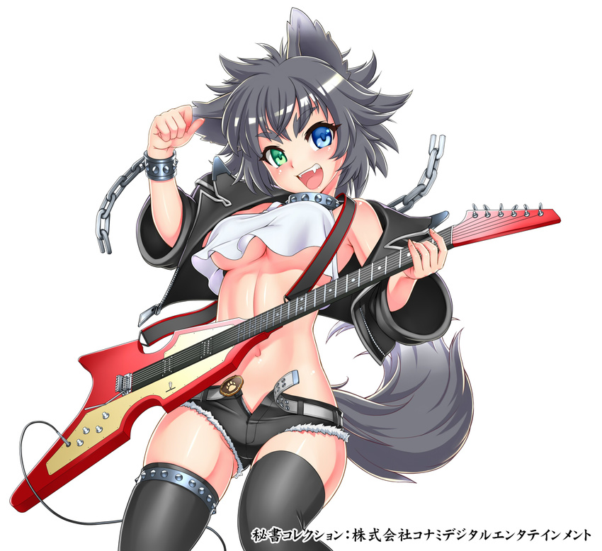 animal_ears bare_shoulders belt black_hair black_legwear blue_eyes bracelet breasts chain collar crop_top crop_top_overhang cutoffs electric_guitar eyebrows fang gochou_(kedama) green_eyes guitar heterochromia highres hisho_collection instrument jacket jewelry looking_at_viewer medium_breasts midriff navel official_art open_clothes open_fly open_jacket open_mouth shiny shiny_skin short_shorts shorts skindentation smile solo spiked_bracelet spiked_collar spikes tail thigh_strap thighhighs unclasped underboob unzipped whammy_bar wolf_ears
